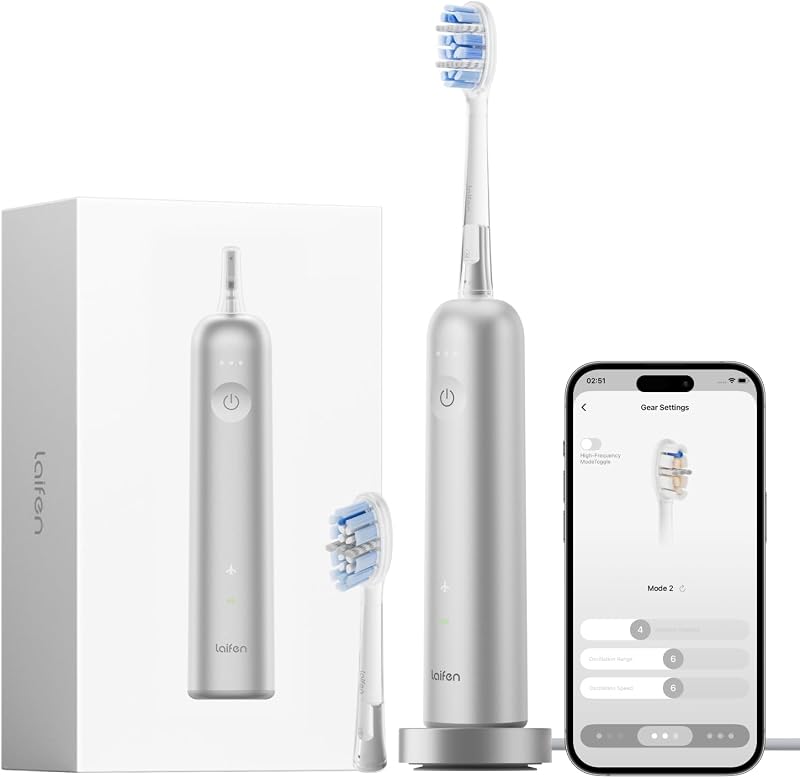 Cepillo de dientes Laifen Wave Pro Sonic, sensor de oscilación y presión de 60°, plata | Material de aluminio, conectividad APP, 2 cabezales de cepillo de repuesto, batería de 70 días, apto para viajes, carga inalámbrica, fácil agarre
