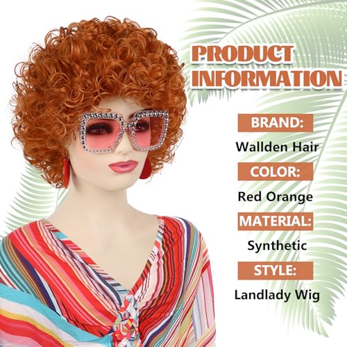 Image of Red Orange Wig + Pink Sunglasses + Rainbow Necklace + Earrings + Bracelets + Wig Cap for Women Costume Short Curly Reddish Wigs for Cosplay Halloween Party or Fun（6pcs Set）
