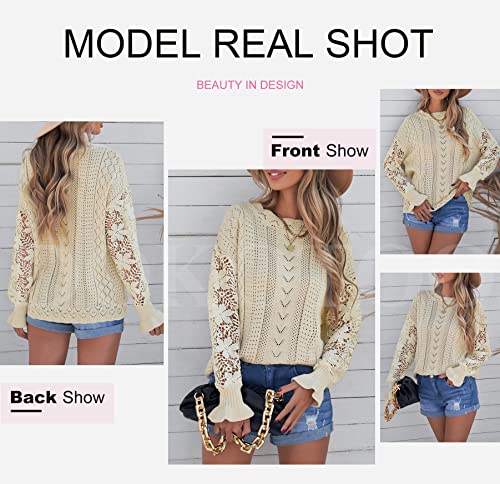 Dokotoo Fashion Sweaters For Women Round Neck Crochet Lace Long Sleeve Sweater Cozy Comfy Solid 2022 Fall Cable Pointelle Knit Pullover Sweater Tops Jumpers S Apricot #TOP3