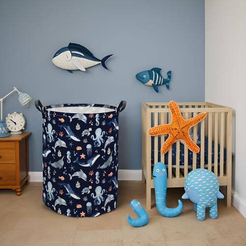 Image of Ocean Baby Laundry Basket Baby Hamper for Nursery Girl Kids Soccer Hamper Cute Storage Bin Organizer Ocean Room Decor for Home(Blue Ocean)