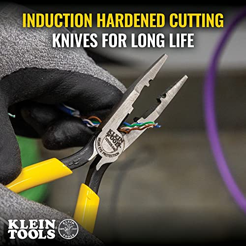 Klein Tools VDV026-049 Crimping Long Nose Pliers With Curved Handles, Grooved Jaws and Induction Hardened Steel
