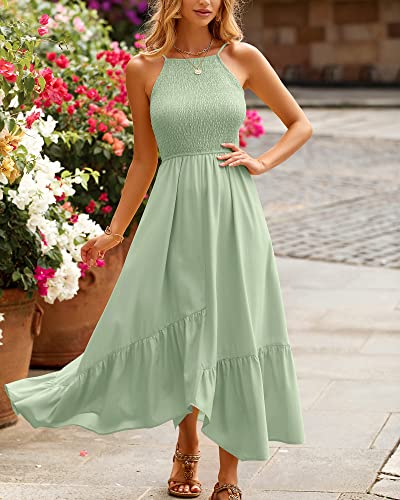 Btfbm Women's Sleeveless Halter Neck Casual Summer Dress Smocked Flowy Irregular Hem Wedding Beach Party Maxi Sundresses(Solid Bean Green, Medium) #TOP4