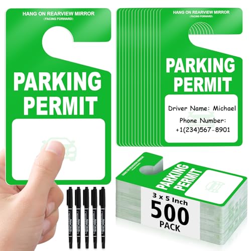 500 PCS Plastic Parking Permit Hang Tags Green Blank Rearview Mirror Placards Thick 18 Mil Waterproof PVC 3x5 Inch Single-Sided Printing with 5 Marker Pens for Temporary Parking Passes