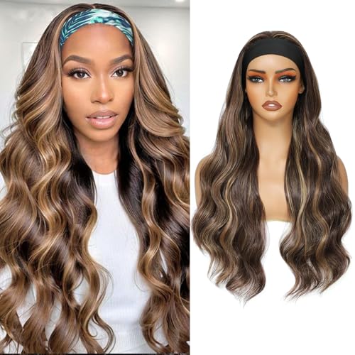 Yacurcur Glueless Headband Wig Long Body Wave Headband Wigs for Black Women Synthetic Natural Looking Wavy Wig 180% Density (28inch 27/33)