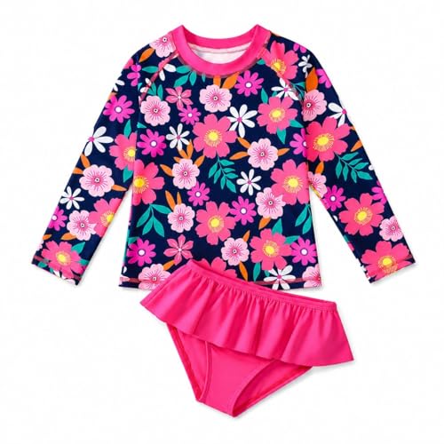 Image of HILEELANG Toddler & Little Girls' Long Sleeve Rash Guard Swimwear Set - UV Protection, 2-Piece Design, Fun Prints, 2-9 Years