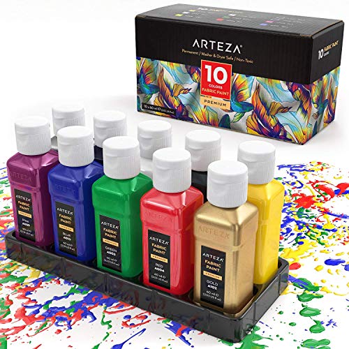 ARTEZA Permanent Fabric & Textile Paint, Set of 10 (60 ml) Individual Bottles, Vibrant Colors, Washer & Dryer Safe, for T-Shirts, Jeans, DIY Projects, Paper & Canvas