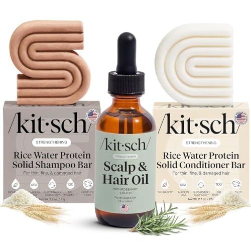 Image of Kitsch Rice Water Shampoo and Conditioner Set + Pre-Wash Scalp Serum with Rosemary and Biotin - Shampoo and Conditioner Bar for Hair Growth & Scalp Nourishment Hair Care - 3pc Set