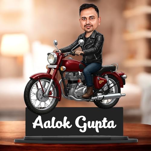 Image of Taxton Custom Bike Rider Caricature Personalized Wooden Bike Photo Frame for Men | 7.5 Inch Durable Double Wood Print with Acrylic Name Plate (Red)