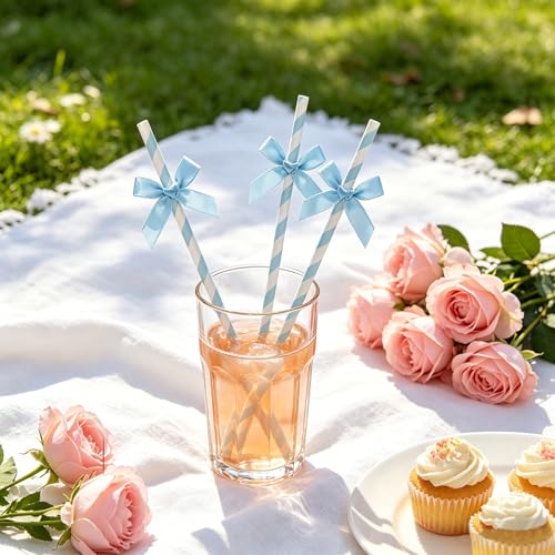36 pitillos de papel azul con lazo para fiesta miniatura 3
