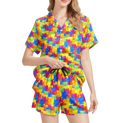 Image of Funny Pajamas for Women Set Print Satin Loungewear Pjs Short Sleeve Button Down Top and Shorts Sets Sleepwear XS-3XL