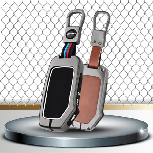 Image of KEYCEPT Metal Alloy Key Cover Compatible with Kia Seltos HTE, Sonet HTE, Carens Premium, Prestige 3 Button Smart Key (Dual Black & Tan).