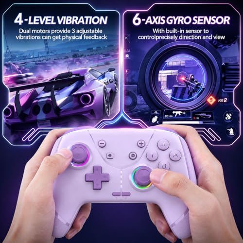 Image of Switch Controller, Wireless Pro Controller for Nintendo Switch 2 /Switch /Lite /OLED, Bluetooth controllers Compatible with iPhone /Mac /iPad /iOS /Android /Phone /PC /Steam and TV with Programming /RGB4 /Vibration / 3 Turbo Modes /6-Axis /Motion (Purple)