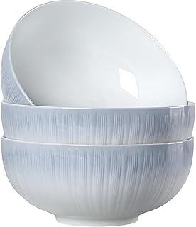 60 oz Large Soup Bowls, 8 Inch Large Pho Bowls, Fluted White Ceramic Japanese Ramen Bowls Set of 3 - Blue White Ombre