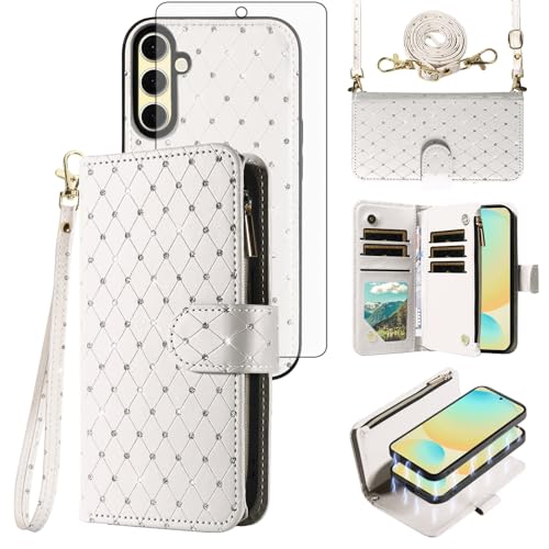 Asuwish Compatible with Samsung Galaxy A17 5G Wallet Case Zipper Cell and Tempered Glass Screen Protector Crossbody Strap Glitter Flip Card Holder Phone Cover for A 17 17A 4G Women White