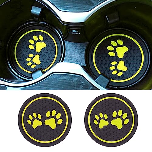 Fogfar Pack-2 Dog Paw Car Coasters, Silicone Anti-Slip, Car Cup Holder Coasters, Oval, Yellow, 2.75 Inches