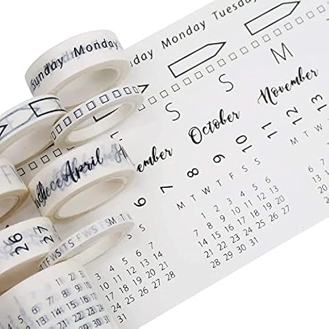 LiuliuBull Set Of 8 Calendar Washi Tape Set, Date Day Week Month Number Calendar Washi Masking Tape, Masking Tape For Arts Crafts Journal Planner Cover