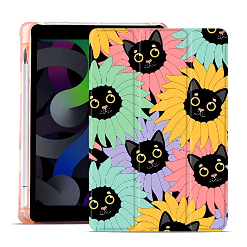 MAYCARI Funny Cat Sunflower iPad Air 4 Case with Pencil Holder, Support Auto Sleep/Wake