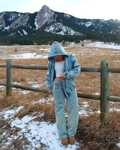 Women's Oversized Fit Hooded Vintage Washed Denim Bomber Jacket with Front Zip Closure4