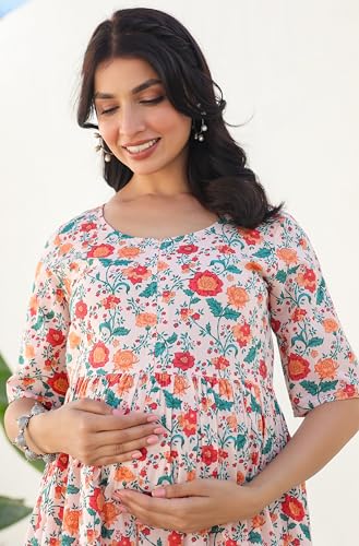 Janasya Robe de maternité couleur pêche pour femme en pur coton, imprimé floral, coupe ajustée et évasée, pêche, 44 – vue 8