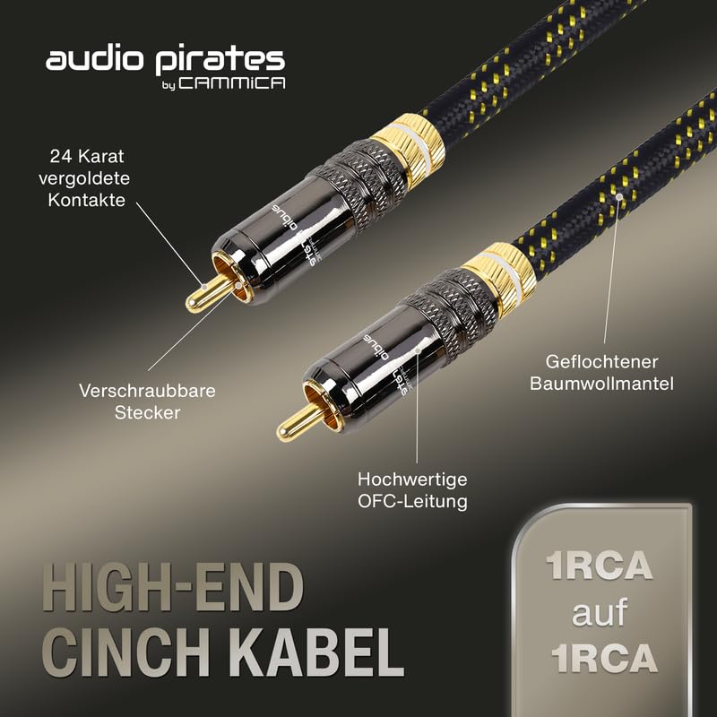 audio pirates by cammica Cinch Kabel 1x RCA Stecker auf 1x RCA Stecker, Audio-Kabel | High-End Audiokabel mit Metallgehäuse & Goldkontakten (3 Meter)