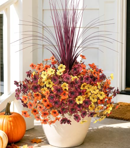 HyeFlora Artificial Fall Flowers for Outdoor Decoration, 13 Bundles Faux Silk Colorful Mums Grass UV Resistant Realistic Fake Flowers for Home Porch Patio Yard Window Box (Mixed)