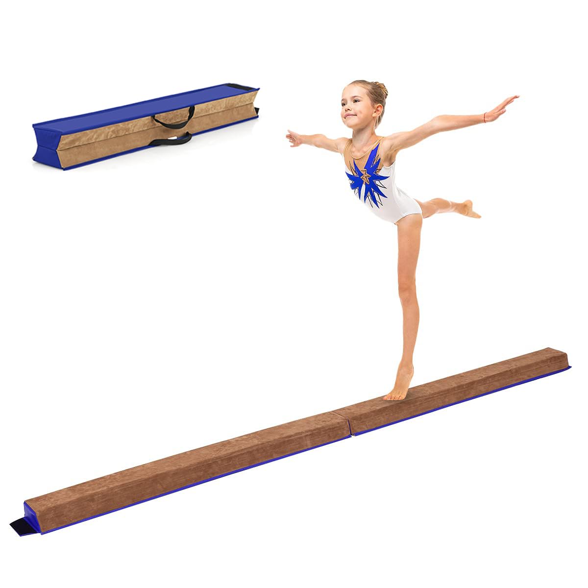RELAX4LIFE Trave Pieghevole di Equilibrio per Ginnastica Artistica Fascio Ginnastica di Bilanciamento,Blu e Marrone,per Casa o Palestra