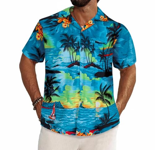 Camisas havaianas para homem - camisas de manga curta com estampado floral tropical para disfarce havaiano - camisa de verão havaiana para despedida de solteiro ou festa de praia, azul, Médio