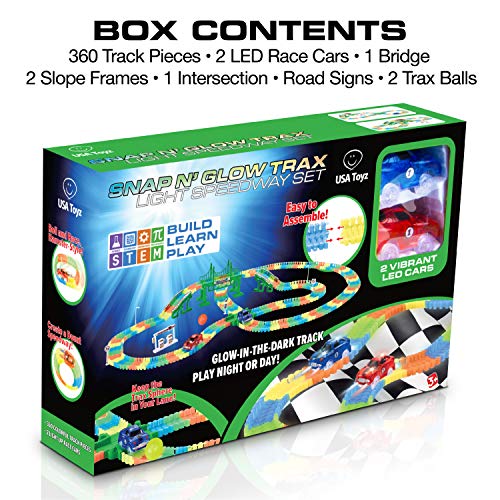 Usa Toyz Glow Race Tracks And Led Toy Cars - 360Pk Glow In The Dark Bendable Rainbow Race Track Set Stem Building Toys For Boys And Girls With 2 Light Up Toy Cars #TOP5