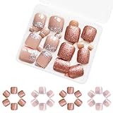 48Pcs Press on Toenails with Glitter Powder Set Sparkle Fake Toe Summer False Toenails Full Cover Glitter for Nails Press ons Cute Toenails Stick on Toenails for Pedicure Decorations
