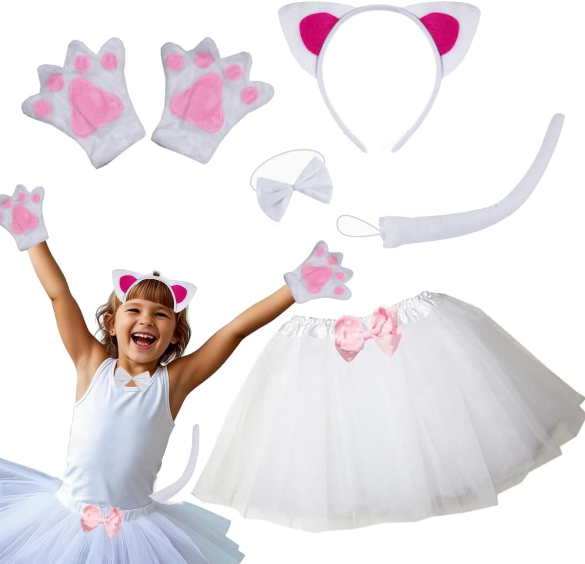 Kirei Sui Kids Animal Costume White Black Cat Tutu Ear Headband Bow Tie Tail Paws