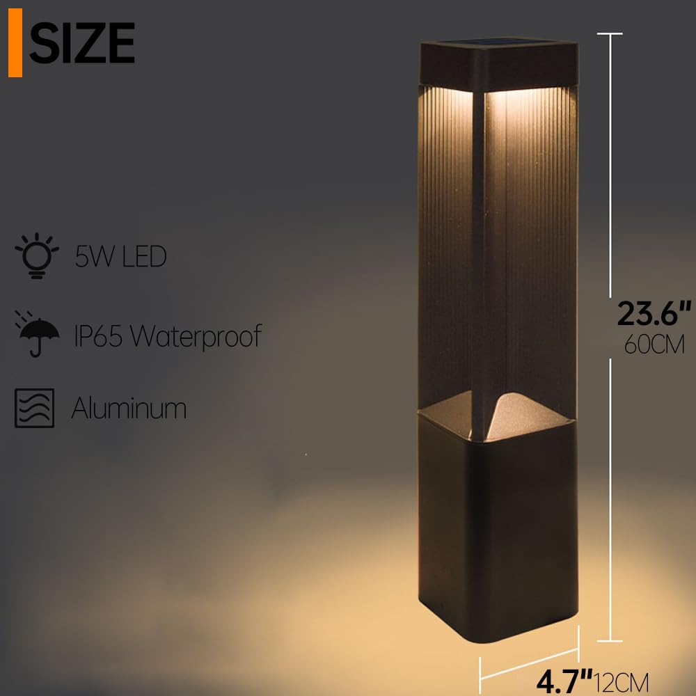 Nowoczesna lampa solarna do ścieżek ogrodowych 5W LED z ciepłym światłem i wodoodporną obudową aluminiową IP65, lampa solarna do ścieżek, czarna kwadratowa lampa ogrodowa do drzwi przednich/tylnych, t