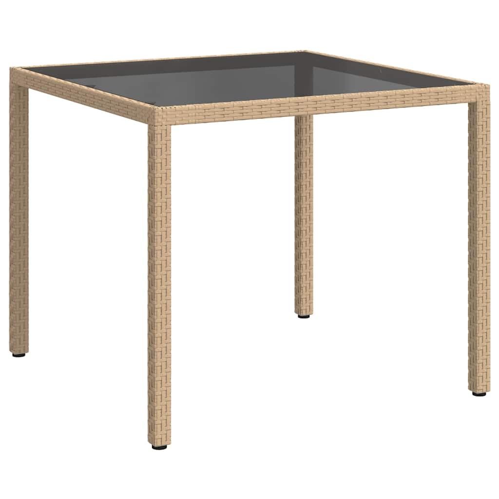 Mesa de jardín de 90 x 90 x 75 cm, cristal templado, polirratán, color beige, mesa de comedor para exterior, jardín, terraza, balcón