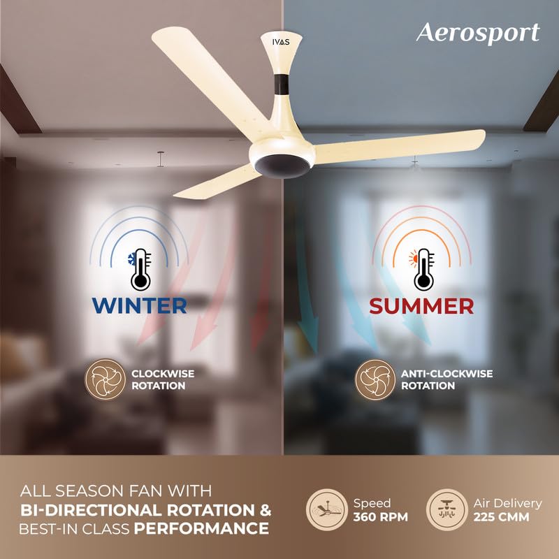 Image of IVAS Aerosport 1200 mm BLDC Ceiling Fan | Remote Control | BEE 5 star Rated,Upto 60% Energy Saving |6 Speed, 385 RPM,High Air Delivery with LED Indicators | 5 Year Warranty* (Pack of 1, Pearl Ivory)