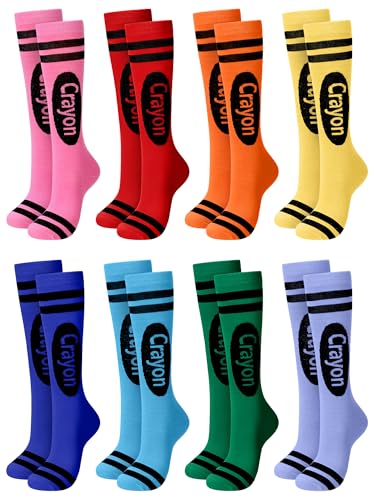 Glitopper 8 Pairs 8 Pairs Colorful Crayon Knee High Socks Pencil Crayon Socks for Women Girl Teacher Costume School Supply (Multicolor)