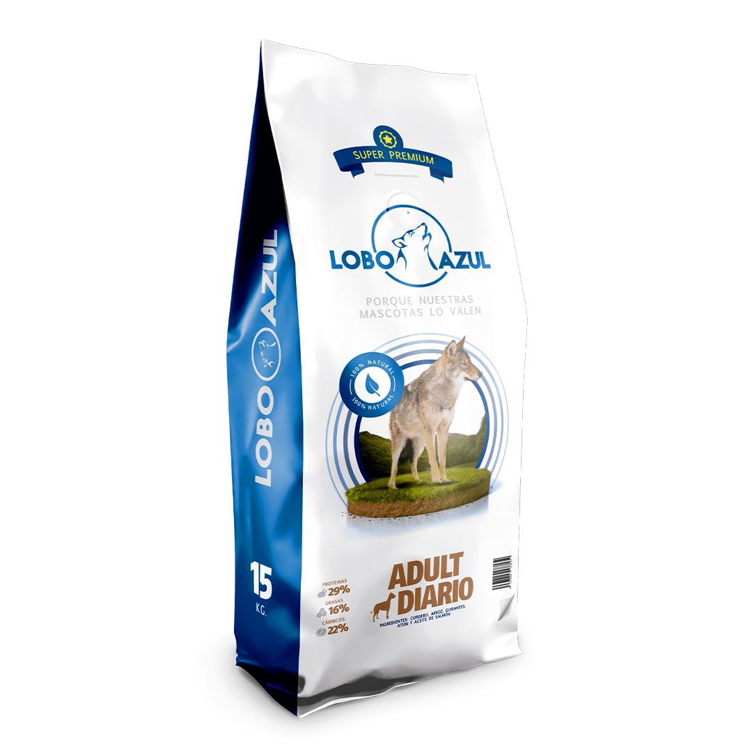 Pienso Natural para Perros Adultos - Comida Completa y Equilibrada con Cordero, Pato y Atún - 15kg Lobo Azul Adult Diario