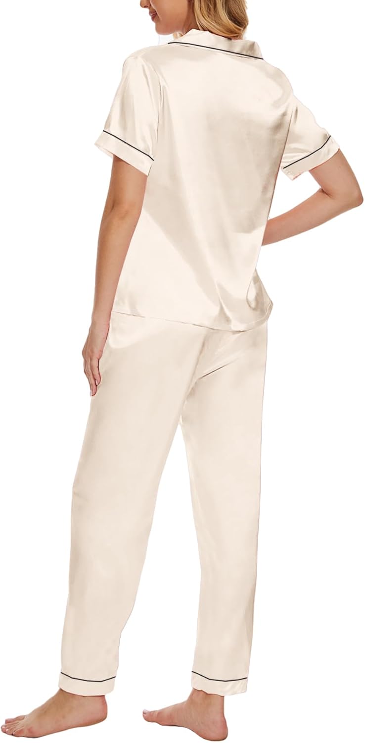 VENTELAN Womens Silk Satin Pajama Sets Short Sleeve Button Down Top and Long Pants 2 Piece Pjs Set Soft Sleepwear - Image 2
