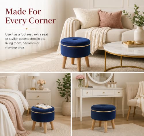 Image of Ottoman Stool for Living Room Foot Rest | Velvet Small Ottoman Foot Stool | Solid Wood Legs | Footstool Puffy for Home, Bedroom & Makeup Table | 30 x 30 cm (12 x 12 Inch) | Royal Blue