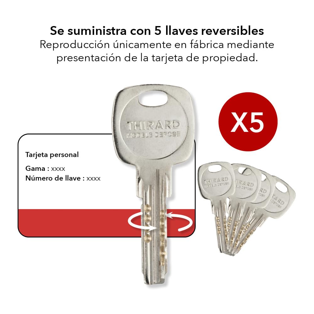 THIRARD - Cilindro Desembragable Transit 1 - Nickelado - Seguridad Reforzada - 6 Pasadores - Antiganzúa, Antiarranque - 30 x 80 mm - 5 Llaves Reversibles Largas - Gris | 5 llaves reversibles incluidas, alta seguridad, acabado niquelado, fácil de montar, c
