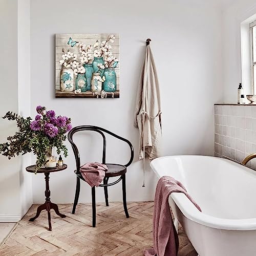 Bathroom Decor Wall Art Blue Beach Picture Ocean Theme Flower Canvas Print Modern Coastal Seascape Painting Framed Bathroom Pictures Canvas Painting Teal Bedroom Kitchen Art Home Decorations 20"x20" - Image 6