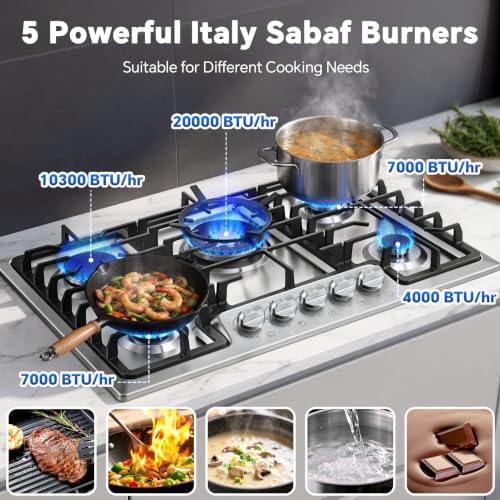 Image of Gas Cooktop 30 inch 5 Italy SABAF Burners with Wok Ring, NG /LPG Convertible | Thermocouple Protection, Built-in 30-inch, Auto Ignition, 48,300 BTU High Power, Stainless Steel, ETL Certified