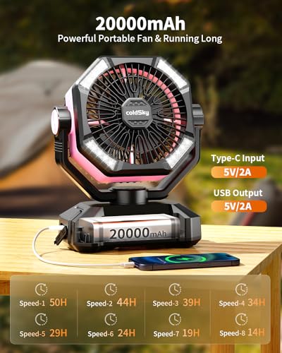 Image of coldSky 𝟮𝟬𝟬𝟬𝟬𝗺𝗔𝗵 Camping Fan with Dual Motor, Battery Operated Fan with 4 LED Lantern, 8 Speeds Desk Fan with Remote, Portable Outdoor Fan with Hook for Tent, Power Outages, Jobsite (Pink)