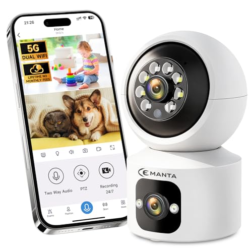 CEMANTA 4MP Security Camera Indoor, No Subscription, Dual-Len Baby & Pet Cam for Home Security, 2.4/5GHz WiFi, 360 PTZ, 2-Way Audio, Color Night Vision, AI Motion Detection, Compatible with Alexa