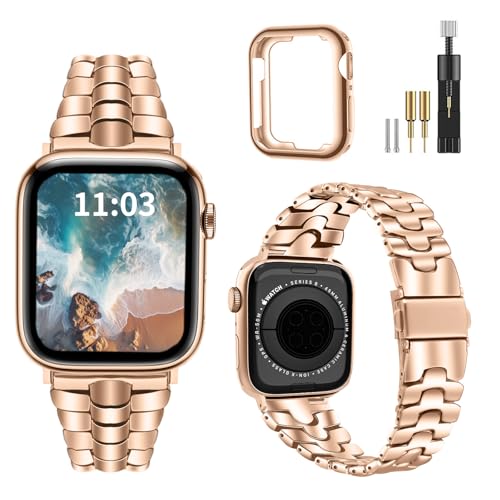 Thin Metal Band Compatible with Apple Watch Band 38mm 40mm 41mm 42mm 44mm 45mm 49mm, Dressy Stainless Steel Chain Strap, Slim Fancy iWatch Band with Case for Women Men