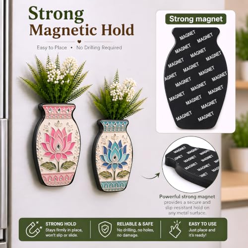 Image of Regalo Casila Magnetic Artificial Flower Vase Fridge Magnets Set of 2 Lotus Kundan Art Indian Ethnic Decorative Refrigerator Kitchen Home Office Decor Housewarming Gift