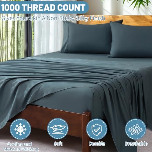 Image of Extra Deep Pocket King Sheets 18-24 Inch 100% Egyptian Cotton 1000 Thread Count Sateen Weave Soft Breathable 4 Pieces(King,Lake Blue)