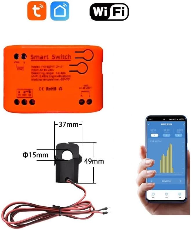 Tutya app WIFI Smart Energy Power Meter Monitor, Smart Single Phase Clamp Electricity Meter with 1 * 80ACT Current Transformer, Remote Monitor Meter Real-Time Electricity