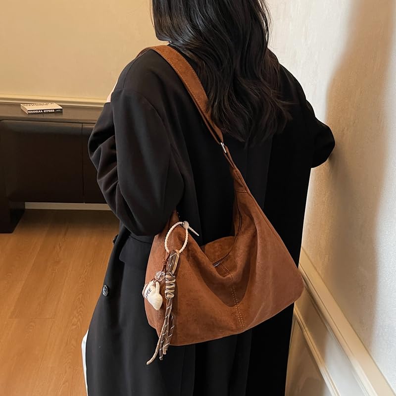 Y2K Faux Suede Shoulder Bag for Women, Vintage Top Handle Bag for Women, Slouchy Hobo Bag with Zipper Closure2