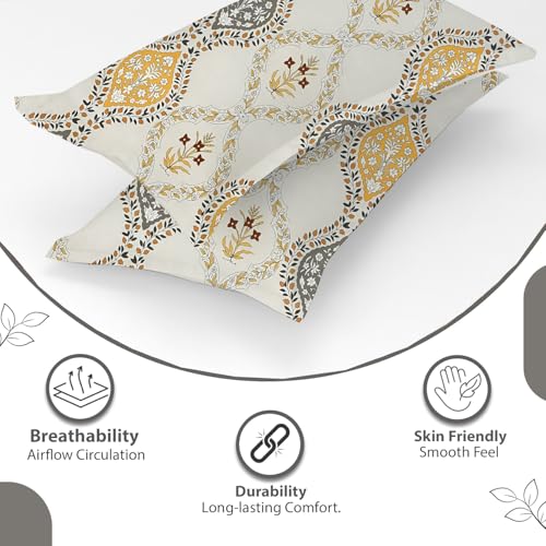 Image of IVAZA 240 TC Soft Ezyption Cotton Floral Print King Size Bedsheet - with 2 Pillow Covers, Hypoallergenic, Brethable, (Size-Size- 90 x 90 Inch | Gold White