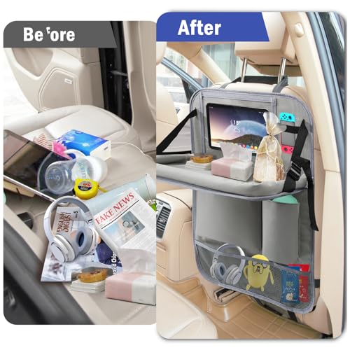Image of 2Pack Car Backseat Organizer with Foldable Table Tray,6 Storage Pockets Car Storage Organizer with Tablet Holder,Car Seat Back Protectors Kick Mats Travel Accessories (Grey)