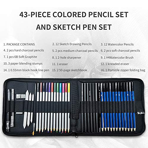 ADAXI 43-Piece Colored Pencil Set and Sketch Pen Set - Professional Watercolor Pencils for Adults/Kids, w/ Black Zipper Case & Two 50-Page Sketchbooks - Durable Art Pencils for Coloring, Sketching, Blending